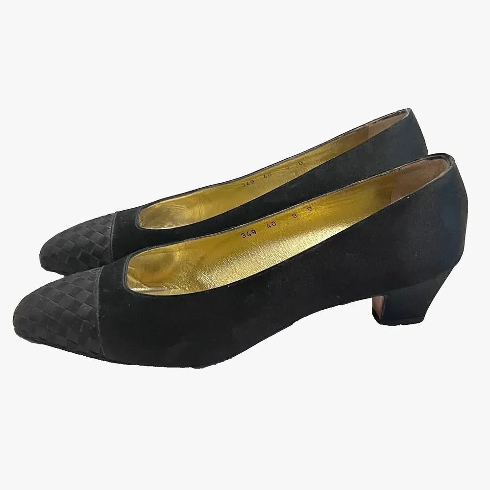 Bottega Veneta Black Suede Woven Cap Toe Low Heel Pumps